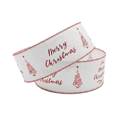 Ribbon Linen Wire Edge Merry Christmas Red White (60mmx20m)