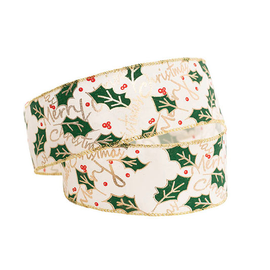 Ribbon Linen Wire Edge Christmas Holly White (60mmx20m)