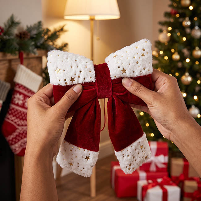 Pre-Made Bow Plush Velour Christmas Trim Red White (20x28cm)