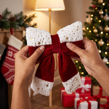 Pre-Made Bow Plush Velour Christmas Trim Red White (20x28cm)