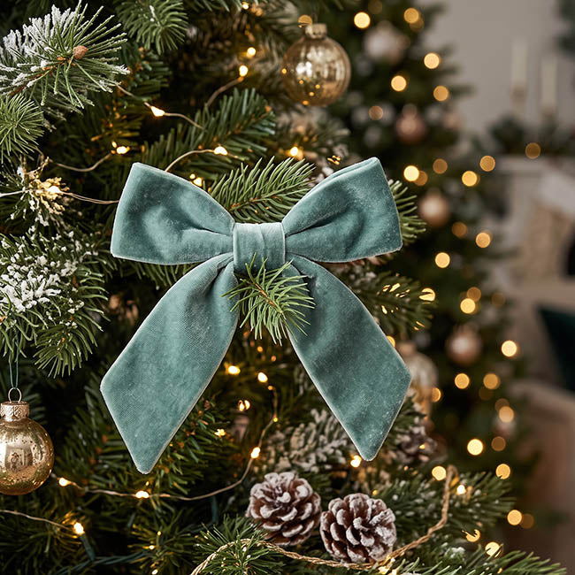 Pre-Made Bow Deluxe Velvet w Clip Sage Green Pk2 (19Wx14cm)