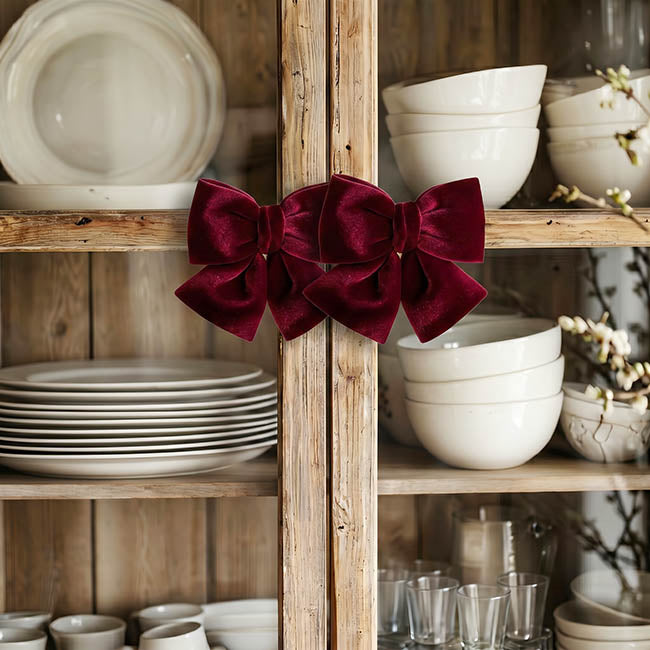 Pre-Made Bow Cushion Plush Velvet Burgundy Pack 2 (14Wx14cm)