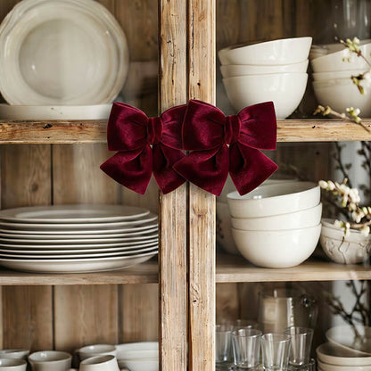 Pre-Made Bow Cushion Plush Velvet Burgundy Pack 2 (14Wx14cm)