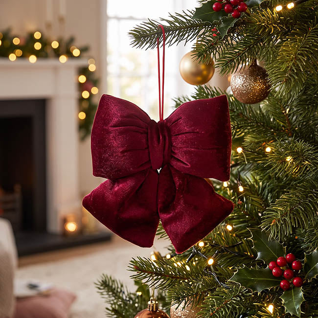Pre-Made Bow Cushion Plush Velvet Burgundy Pack 2 (14Wx14cm)