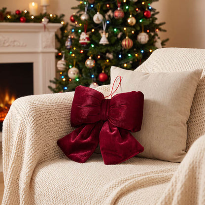 Pre-Made Bow Cushion Plush Velvet Medium Burgundy (20Wx20cm)