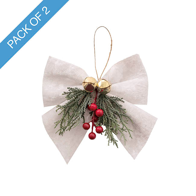 Pre-Made Bow Crushed Velvet Decoration White Pk2 (14Wx14cm)