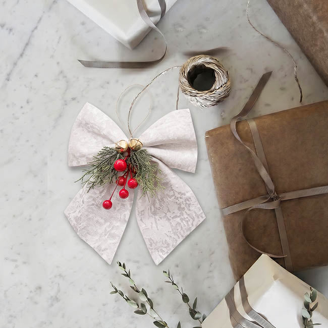 Pre-Made Bow Crushed Velvet with Decoration White (20Wx20cm)