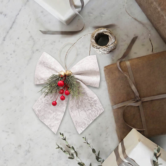 Pre-Made Bow Crushed Velvet with Decoration White (20Wx20cm)