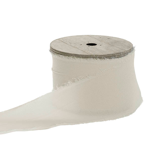 Ribbon Chiffon Frayed Edge Wood Spool Warm White (48mmx20m)