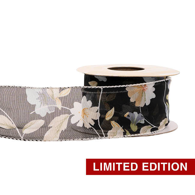 Ribbon Chiffon Fabulous Florals Sewn Edge Black (50mmx10m)