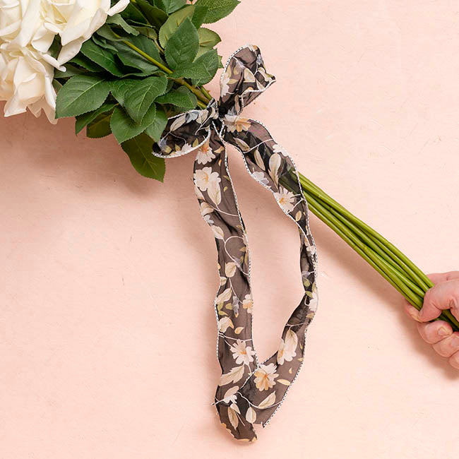 Ribbon Chiffon Fabulous Florals Sewn Edge Black (50mmx10m)