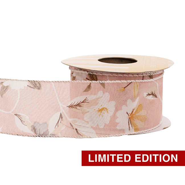 Ribbon Chiffon Fabulous Florals Sewn Edge Pink (50mmx10m)