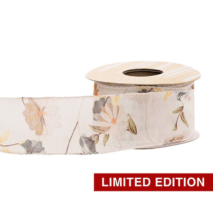 Ribbon Chiffon Fabulous Florals Sewn Edge White (50mmx10m)