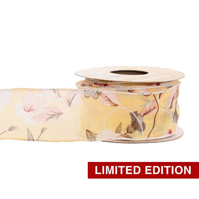 Ribbon Chiffon Fabulous Florals Sewn Edge Lemon (50mmx10m)
