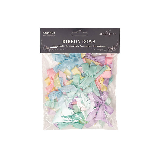 Pre-Made Ribbon Bow 10mm Satin Pastels Mix Pack 48 (3.5Lcm)
