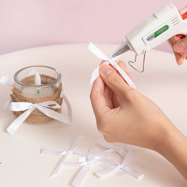 Pre-Made Ribbon Bow Double Face Satin White Pk24(10mmx6.5cm)