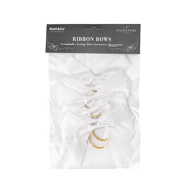 Pre-Made Bow Satin 15mm & Elastic Loop Pk6 White (10*8cm)