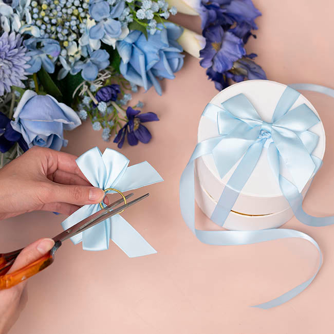 Pre-Made Bow Satin 25mm & Elastic Loop Pk6 BabyBlue(10*11cm)