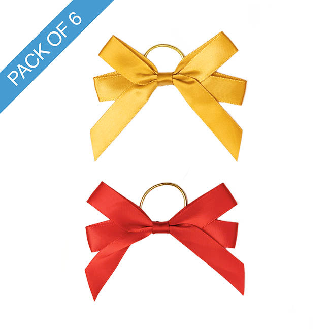 Pre-Made Bow Satin 15mm & Elastic Tie Pk6 Red Gold (10*8cm)