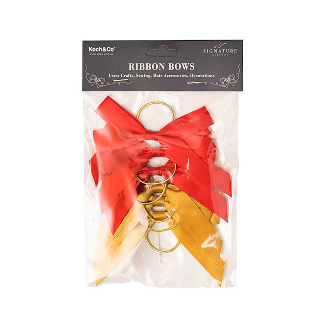Pre-Made Bow Satin 15mm & Elastic Tie Pk6 Red Gold (10*8cm)