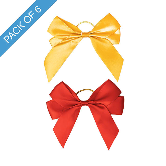 Pre-Made Bow Satin 25mm & Elastic Tie Pk6 Red Gold (10*11cm)
