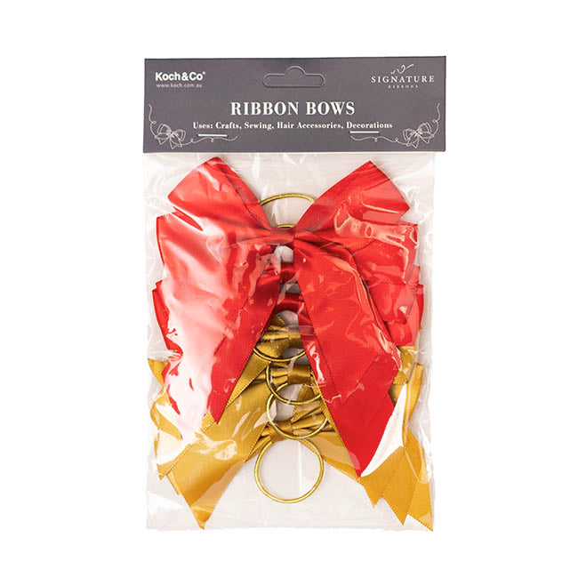 Pre-Made Bow Satin 25mm & Elastic Tie Pk6 Red Gold (10*11cm)