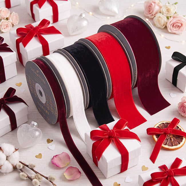 Ribbon Premium Plush Velvet Woven Edge Dark Red (15mmx20m)