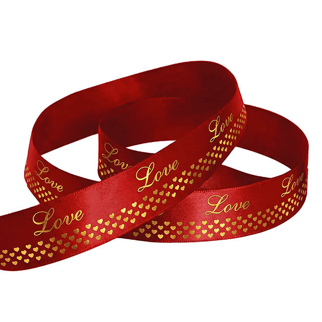 Ribbon Satin Love Heart Border Gold Foil Red (25mmx25m)