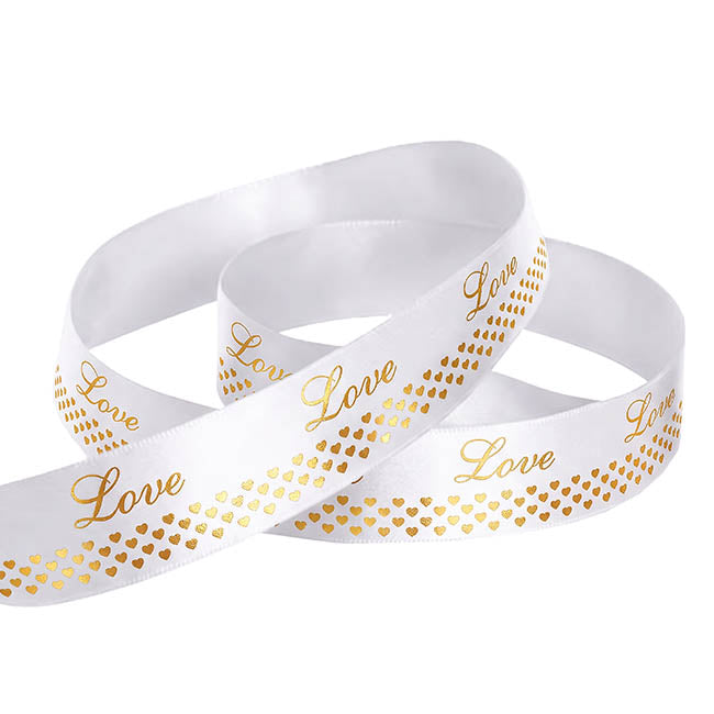 Ribbon Satin Love Heart Border Gold Foil White (25mmx25m)