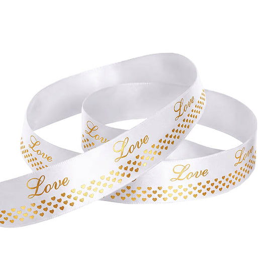 Ribbon Satin Love Heart Border Gold Foil White (25mmx25m)
