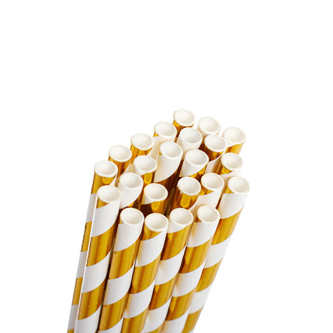 Paper Straws Striped Gold Pack 25 (6mmDx20cmH)