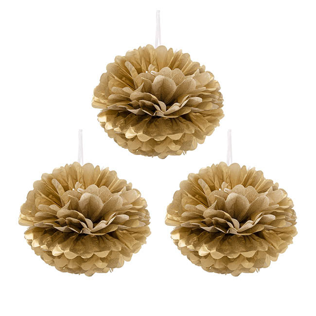 Hanging Tissue Pom Pom Pack 3 Gold (30cmD)