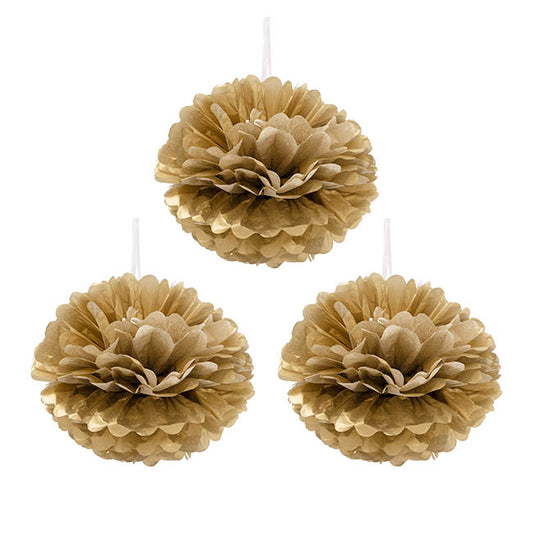Hanging Tissue Pom Pom Pack 3 Gold (30cmD)