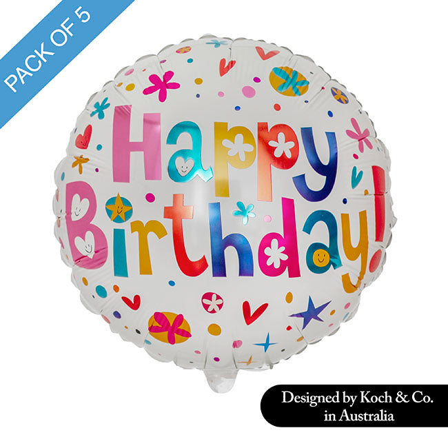 Foil Balloon 18" (45cmD) Pack 5 Round Happy Birthday