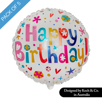 Foil Balloon 18" (45cmD) Pack 5 Round Happy Birthday