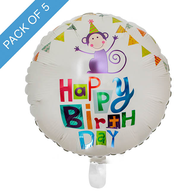 Foil Balloon 18" (45cmD) Pack 5 Round Monkey Happy Birthday