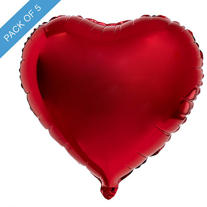 Foil Balloon 18" Pack 5 Heart Shape Solid Red (45cm x 51cm)