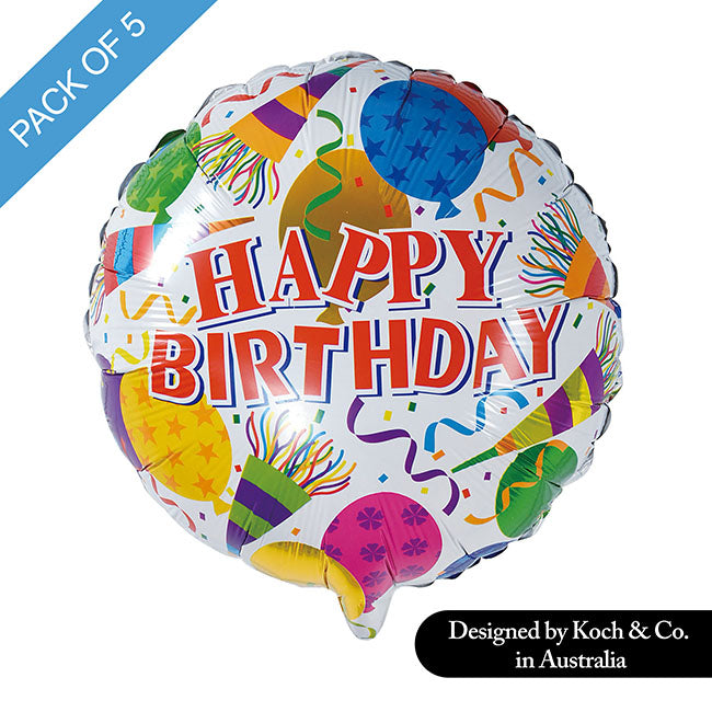 Foil Balloon 18" (45cmD) Pack5 Round Happy Birthday Balloons
