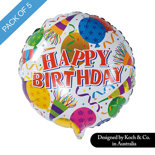 Foil Balloon 18" (45cmD) Pack5 Round Happy Birthday Balloons