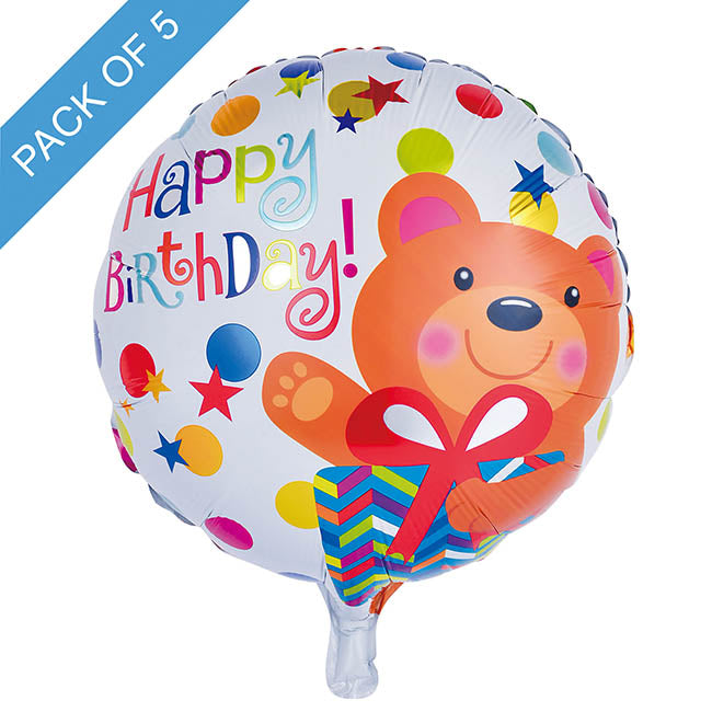 Foil Balloon 18" (45cmD) Pack5 Round Happy Birthday Bear