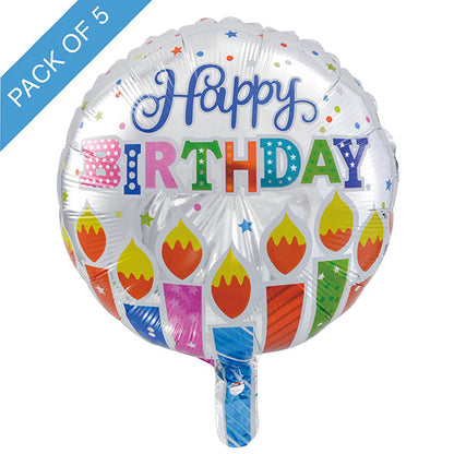 Foil Balloon 18" (45cmD) Pack5 Round Happy Birthday Candles