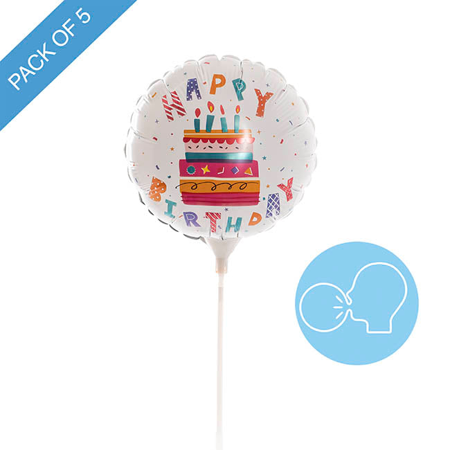 Foil Balloon 9" (22.5cmD) Happy Birthday Cake Pack 5 White