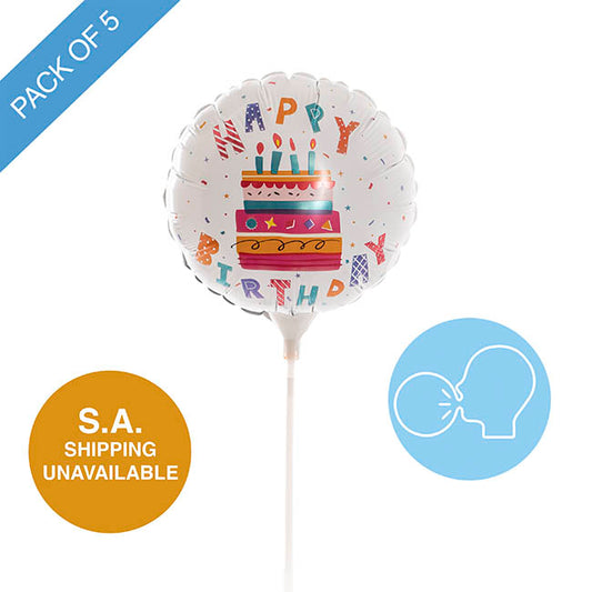 Foil Balloon 9" (22.5cmD) Happy Birthday Cake Pack 5 White