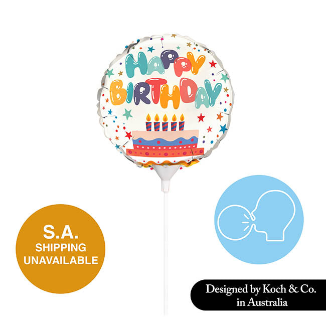 Foil Balloon 9" (22.5cmD) Air Fill Round Happy Birthday Cake