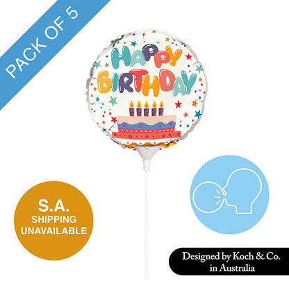 Foil Balloon 9" (22.5cmD) Pack 5 Round Happy Birthday Cake