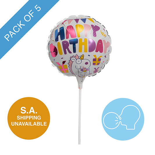 Foil Balloon 9" (22.5cmD) Pack 5 Round Happy Bday Unicorn