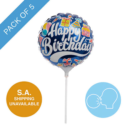 Foil Balloon 9" (22.5cmD) Pack 5 Round Happy Bday Party