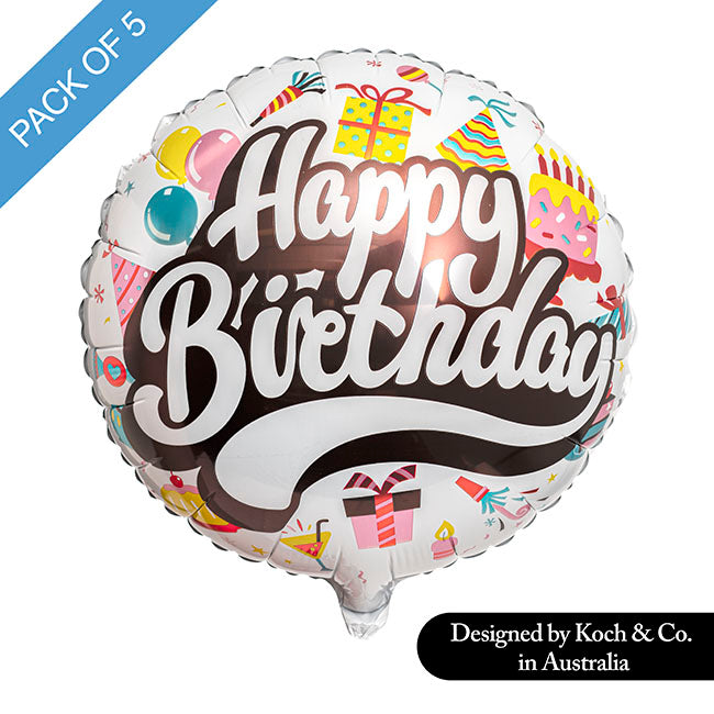 Foil Balloon 18" (45cmD) Pack 5 Round Happy Birthday Party