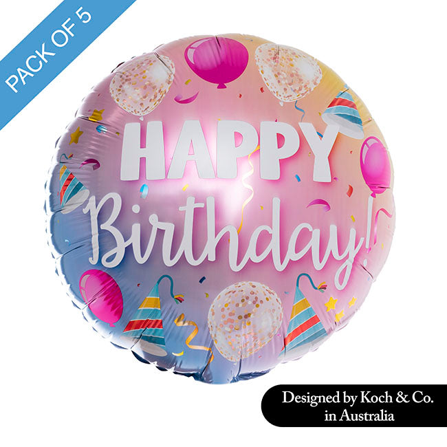Foil Balloon 18" (45cmD) Pack 5 Happy Bday Colour Gradation