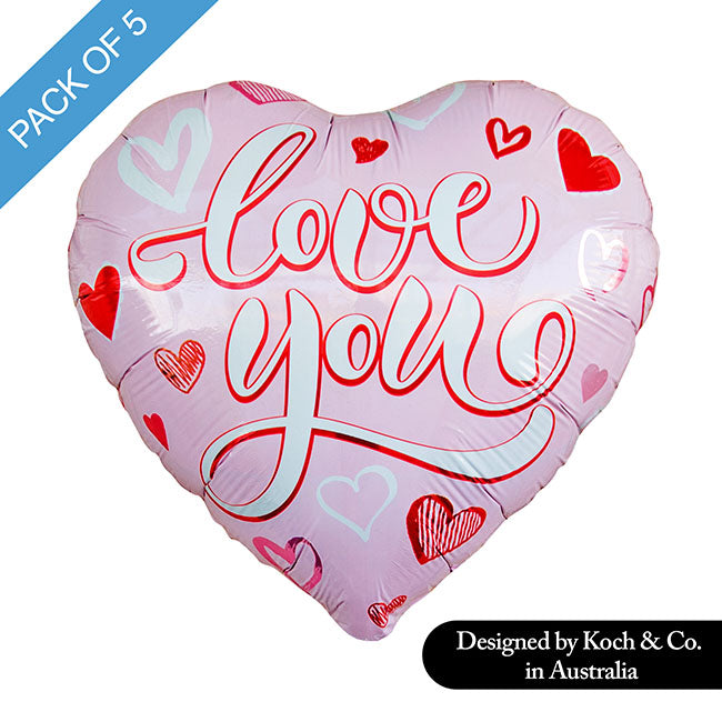 Foil Balloon 18" (45cmD) Pack 5 Love you Heart